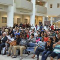 Accepted students gather in the Carl DeSantis Building atrium for President Hanbury’s welcome