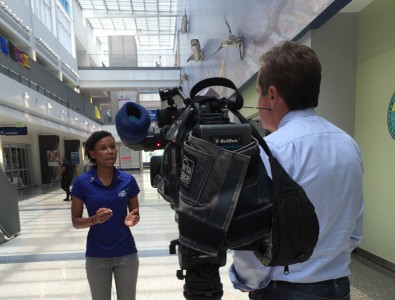 NBC 6 reporter Ari Odzer interviews NSU student Schae Maynard