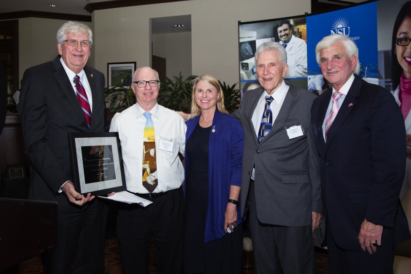 Photo caption (left to right): Ralph V. Rogers Jr., Ph.D., NSU executive vice president and provost; Robert C. Speth, Ph.D., recipient of NSU’s 6th Annual Provost’s Research and Scholarship Award; Lisa Deziel, Pharm.D., Ph.D., dean, NSU College of Pharmacy; Stanley Cohen, Ed.D., nominator of Dr. Speth; and George L. Hanbury II, Ph.D., NSU president & CEO