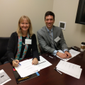 Emily Schmitt Lavin, Ph.D.,Chair Department of Biological Sciences and Nick Carris, Pharm.D., (Class of 2008) conduct mock interviews for students at one of 40 interviews conducted at the event.