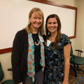 Emily Schmitt Lavin, Ph.D., with Lauren Stephens Dressel, M.S., CCC-SLP (Class of 2007) as she prepared to share her path to becoming a speech language pathologist with undergraduate attendees at Pre-Health Day.
