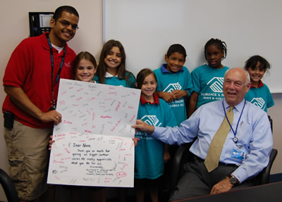 From left: Gabriel Felix, Florence A. DeGeorge Boys & Girls Club program director; Heather Nihoff; Andrea Parajon; Cassidy Nihoff; Adsel Rodriguez; Brianna Francois; Julissa Cintron; and Robert Uchin, D.D.S., dean of the College of Dental Medicine.
