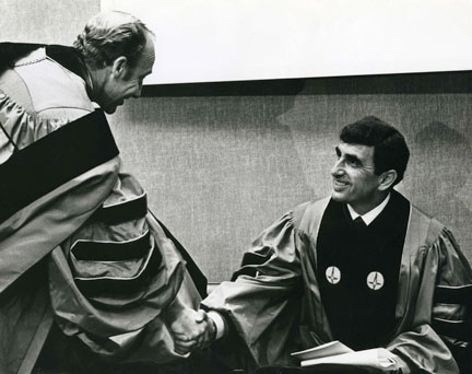 Alexander Schure (right) and former Nova president Abraham Fischler formed a federation between Nova and NYIT that lasted for 15 years.