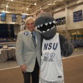 NSU President George L. Hanbury II, Ph.D., poses with Razor at the Open House.