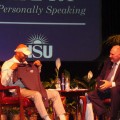 Common admires NSU shirt presented to him by Life 101 host Mark Cavanaugh, Ph.D.