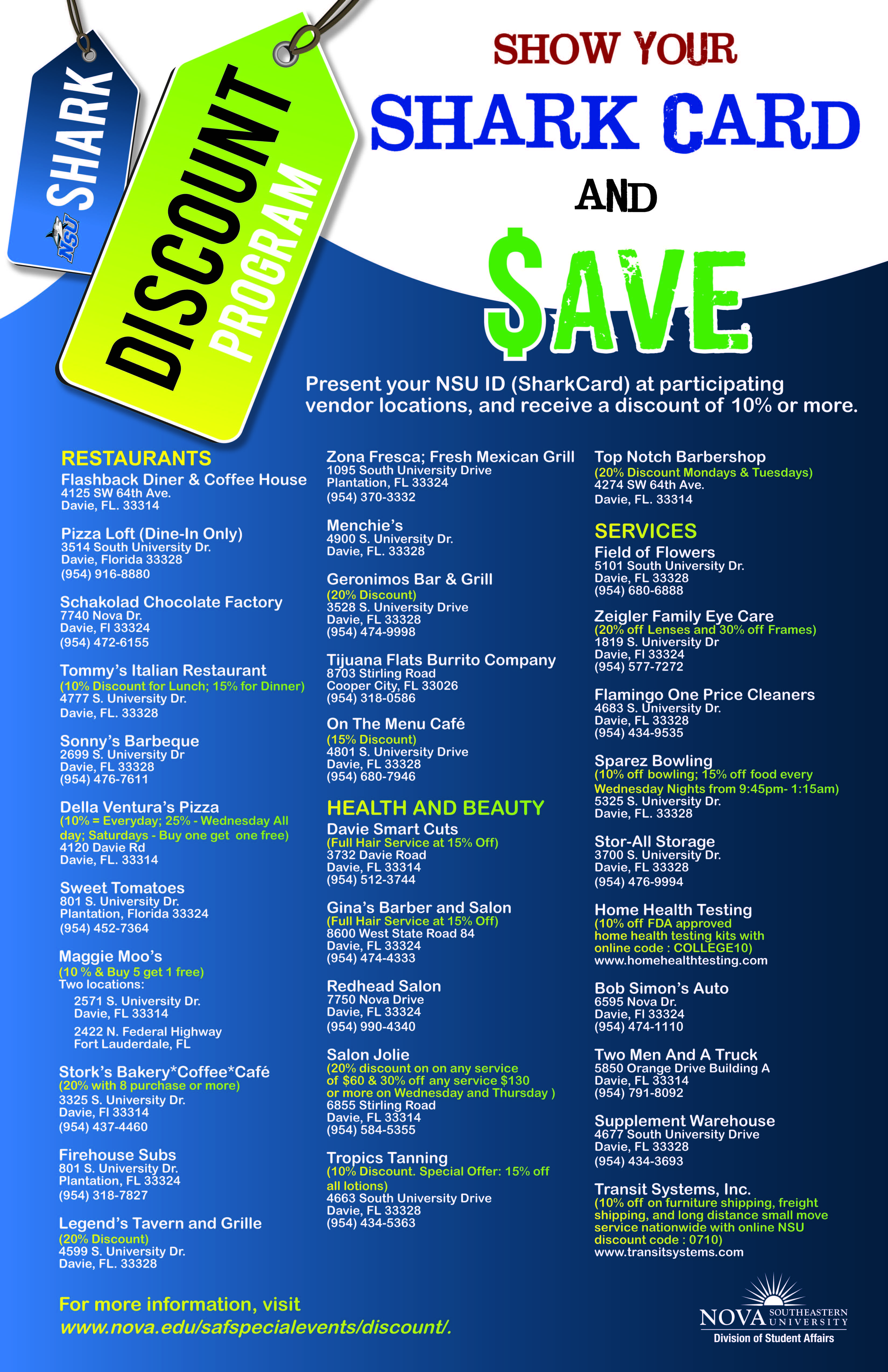 Show your Shark Card and receive Discounts from Local Vendors NSU