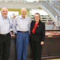 University Archivist Robert Bogorff, left, library namesake Alvin Sherman, and Lydia M. Acosta, Vice President for Information Services and University Librarian.