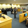 Marlene Rodriguez, an Assistant U.S. Attorney, demonstrates the courtroom’s new technology.