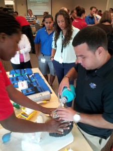 Local athletic trainers learned how to administer oxygen to patients during a preceptor workshop, hosted by the Farquhar College of Arts and Sciences and co-sponsored by Broward Health’s division of Orthopedic Sports Medicine.