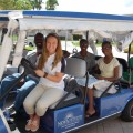 A family tours the campus with Student Ambassador Ashley Challenger