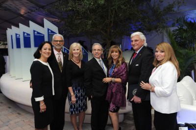 (Photo caption, L to R) Standing near the commemorative monument are Fellows Society Members Jacqueline Travisano, NSU Executive Vice President/COO; William and Susan Gallo; Alan B. Levan, NSU Trustee, and Susie Levan; NSU President/CEO George L. Hanbury II and Jana Hanbury.