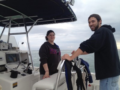 Cayla Dean and Bryan Hamilton on Research Boat.
