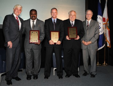 George L. Hanbury II, Ph.D., NSU president (far left), and Gary Margules, Sc.D., NSU vice president for the Office of Research and Technology Transfer (far right) recognized three patent recipients at the PFRDG event, including Appu Rathinavelu, Ph.D., associate dean for institutional planning and development at NSU’s College of Pharmacy, and executive director of NSU’s Rumbaugh-Goodwin Institute for Cancer Research; Jeffrey Thompson, Ph.D., professor of prosthodontics and director of the Biosciences Research Center in NSU’s College of Dental Medicine; and Joseph Harbaugh, LL.M., professor of law and dean emeritus at NSU’s Shepard Broad Law Center. 