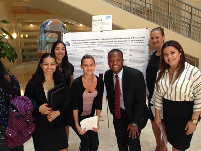 Amongst this year’s winners were (pictured L-R) Idania Elizabeth Cater, Andrea Moran, Boglarka Varga, Guy Merus, Alexis Murphy, and Stephanie Ponce, whose poster titled “NSU’s Participation in Many Labs 3: Evaluating Participant Pool Characteristics Across the Semester Via Replication” won honorable mention.