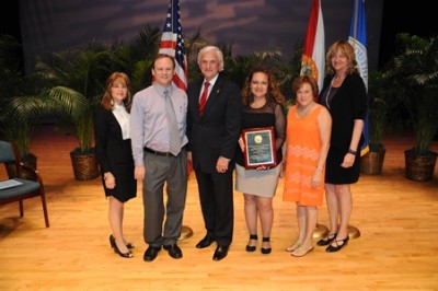 Quality of Life Outstanding Community Partner of the Year winner Broward Health: Kimberly Durham, Psy.D., chair, Quality of Life Council, Micah Price, Psy.D., Broward Health,; George L. Hanbury II, Ph.D., NSU president and CEO; Audra Hutton Lopez, M.S.N., A.R.N.P., C.N.S., F.N.P., Broward Health; Barbara Packer-Muti, Ed.D., executive director, NSU Office of Institutional and Community Engagement, and Karen Grosby, Ed.D., dean, NSU Center for Psychological Studies 