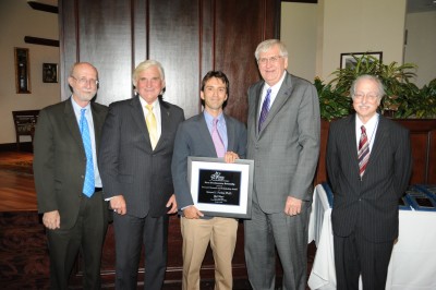 Richard Dodge, Ph.D., executive director, National Coral Reef Institute, and dean and professor, Halmos College of Natural Sciences and Oceanography; George L. Hanbury II, Ph.D., president and chief executive officer, Nova Southeastern University; Sam Purkis, Ph.D., associate professor, Halmos College of Natural Sciences and Oceanography; Ralph V. Rogers, Ph.D., executive vice president for academic affairs and provost, Nova Southeastern University; Gary S. Margules, Sc.D., vice president, Nova Southeastern University’s Office of Research and Technology Transfer.