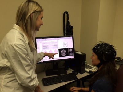 Lauren Hill, left, a student in the College of Psychology’s M.S. in Experimental Psychology Program, shows graduate student Andrea Lopez how the electroencephalography (EEG) system records electrical activity of the brain. 