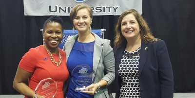 Guest speaker CIAA Commissioner Jacqie McWilliams given Pioneer Award, Alexis Murphy selected as Flo Hyman recipient and Kelley Kish, awarded McWilliams with the Pioneer Award