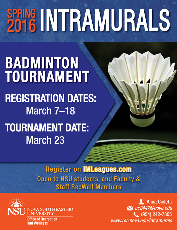 Register for Badminton Tournament through March 18 NSU Newsroom