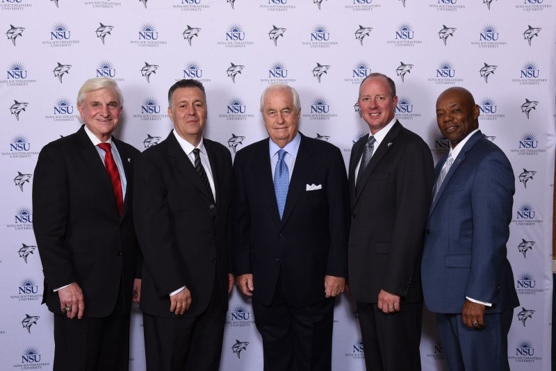 NSU President Dr. George Hanbury (left) and Dr. Preston Jones (right), dean of the H. Wayne Huizenga College of Business and Entrepreneurship, with 2016 Hall of Fame honorees Angelo Elia, Roger Penske and Steven W. Hudson