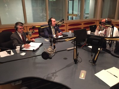 Emilio Lorenzo, center, discusses "brain drain" with Fernando Figueredo, (left) Ph.D., executive director, Career Services, Florida International University, and Tom Hudson, vice president of news, WLRN.