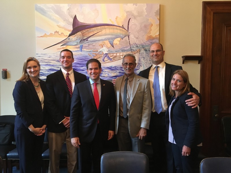Mahmood Shivji, Ph.D., (fourth from left) professor at NSU’s Halmos College of Natural Sciences and Oceanography, joined a group including the Guy Harvey Ocean Foundation and SeaWorld in meeting with U.S. Senator Marco Rubio of Florida (third from left) and other members of Congress to discuss proposed legislation banning the sale of shark fins in the U.S. Shivji also is director of the NSU Guy Harvey Research Institute and Save Our Seas Foundation Shark Research Center.