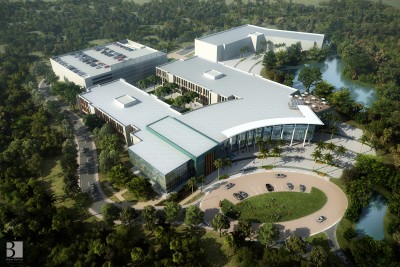 Aerial conceptual rendering of the Dr. Kiran C. Patel College of Osteopathic Medicine at NSU’s Tampa Bay Regional Campus