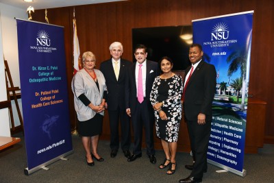 Dr. Elaine Wallace, NSU’s Dean of the Dr. Kiran C. Patel College of Osteopathic Medicine; Dr. George L. Hanbury, NSU’s President; Dr. Kiran C. Patel; Dr. Pallavi Patel; Dr. Stanley Wilson, Dean of the Dr. Pallavi Patel College of Health Care Sciences