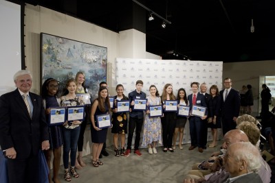 NSU President Dr. George L. Hanbury (left), Barbara and Craig Weiner (second and third from right), co-founders of the Holocaust Learning and Education Fund, Inc., and Florida Lt. Governor Carlos Lopez-Cantera were on hand to congratulate the winners of the 2018 Holocaust Reflection Contest. They include (from left to right) Kairaluchi Oraedu, Vanguard High School; Annabel Seidemann, Omni Middle School; Emma Rome, Liberty Christian Preparatory School; Jennifer Juarez, Terra Environmental Research Institute; Christopher Rodriguez, Florida Christian School; Olivia Lobaina, Florida Christian School; Ben DIestel, David Posnack Jewish Day School; Sophia Irias, Florida Christian School; Madison Creevay, Barbara Goleman Senior High School; Paola Chapilliquen, Falcon Cove Middle School; Jonathan Tamen, Nautilus Middle School. Not pictured is Julia Arciola, North Broward Preparatory School. 