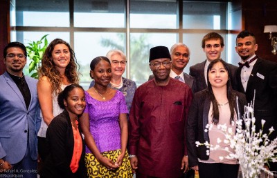 Ambassador Samson Itegboje with Dr. Ruth Clarke, Dr. Ramdas Chandra and International Business Student Association IBSA members. At Nova Southeastern University Wayne H. Huizenga College of Business.