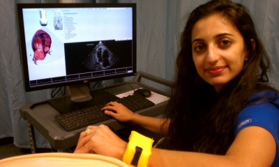 Class of 2015 cardiovascular sonography student Amani Shehadeh works with the HeartWorks echocardiography simulator.