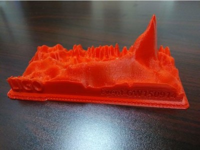 3D-Printed spectrogram of gravity waves created by two black holes coalescing, as observed by the LIGO experiment.