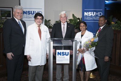 Dr. Johannes Vieweg, Dr. Kiran C. Patel, NSU President Dr. George Hanbury, Dr. Pallavi Patel, Dr. Stanley Wilson